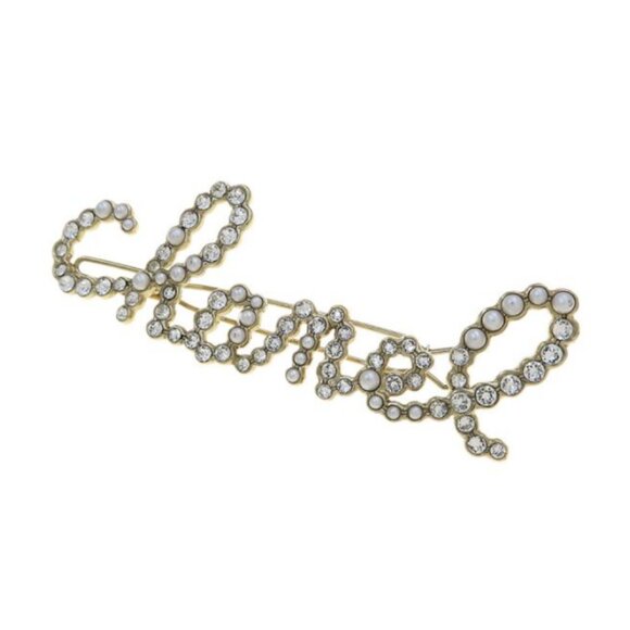 CHANEL Logo Rhinestone Pearl Brooch Gold Tone - Picture 1 of 9